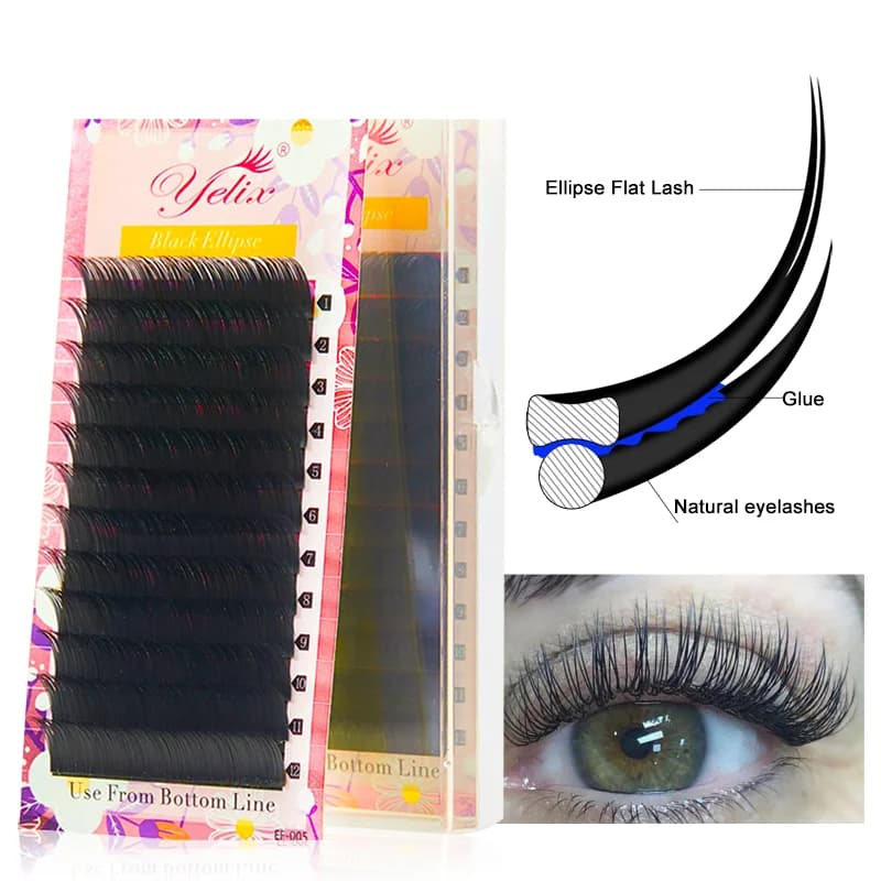 Extensions de cils noirs en ellipse plate à pointes bifurquées 0,15-0,20 mm