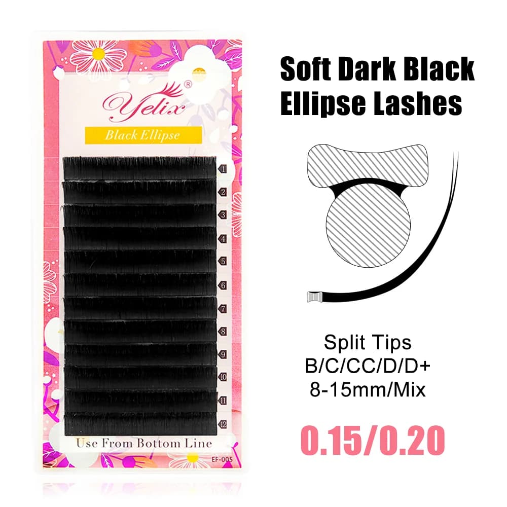 Extensions de cils noirs plats à pointe divisée ovale 0.15-0.20mm