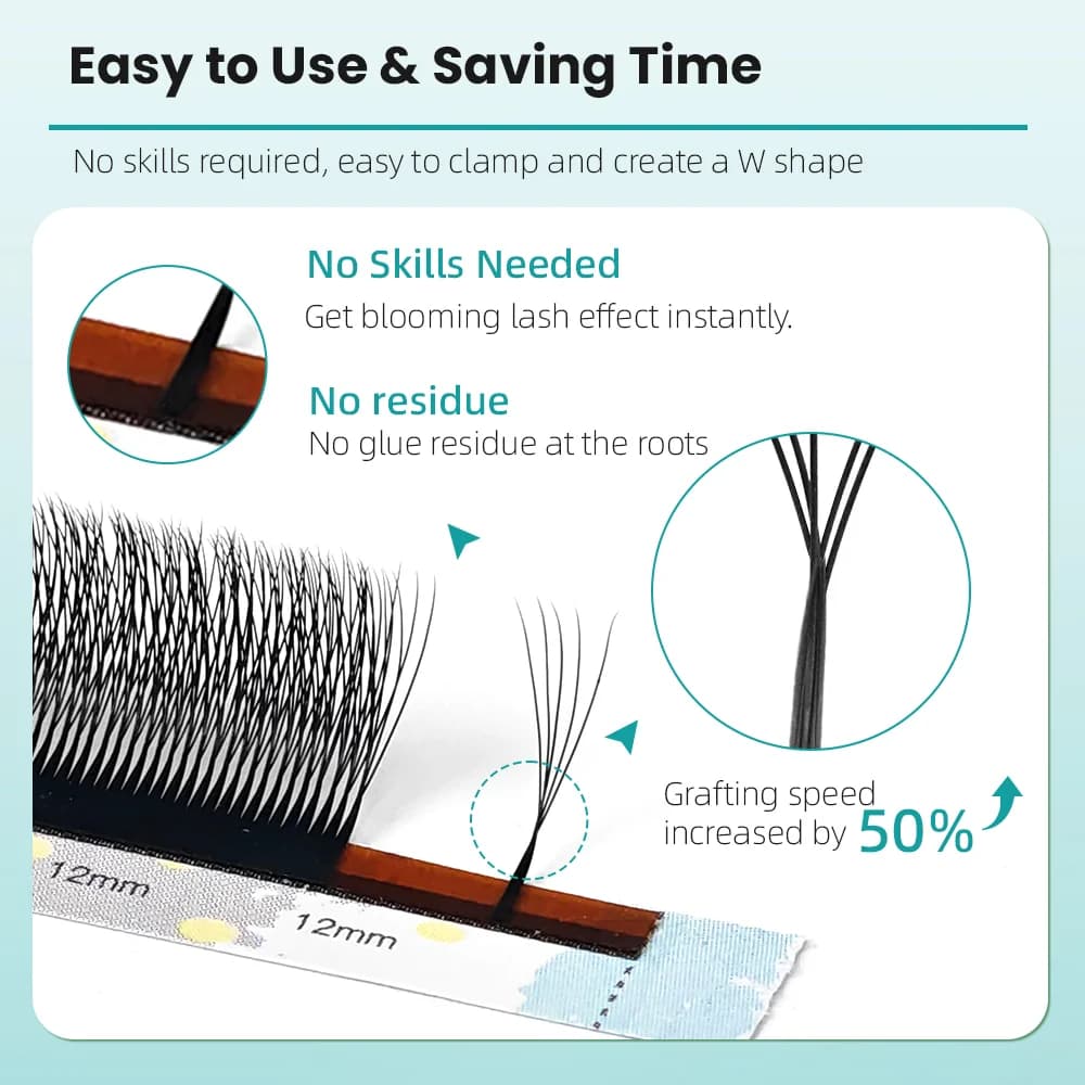 Extensions de cils éventails volumisants préformés forme W étroite, 2D-5D