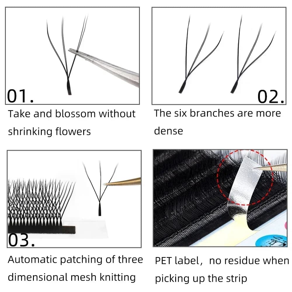 Extensions de cils éventails préfabriqués 5D forme W à floraison automatique