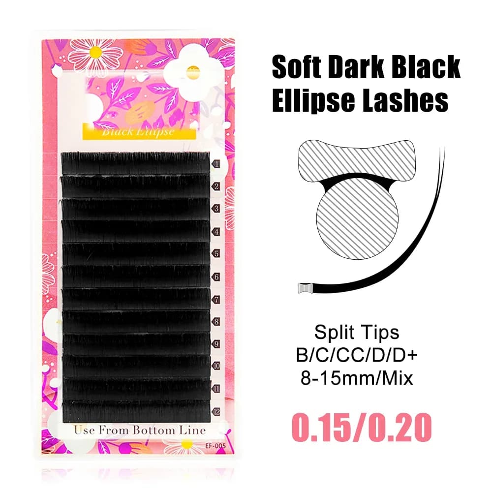 Extensions de cils noirs plats à pointe divisée ovale 0.15-0.20mm